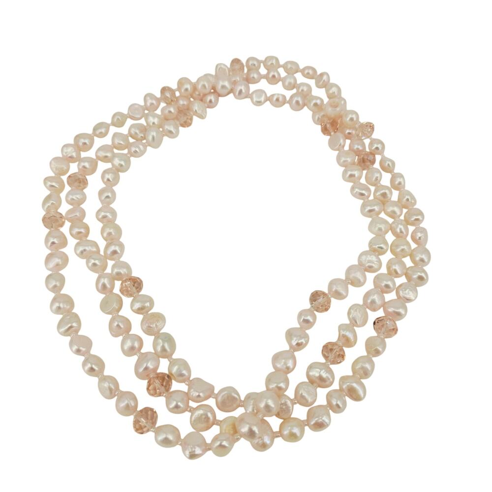 Freshwater Keshi Pink Pearl Necklace 30" Single Long Strand with crystal